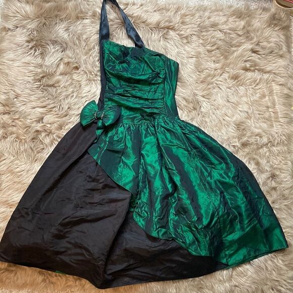 Gunne Sax By Jessica McClintock 80’s-90’s Halter Taffeta Green Bow Dress - Picture 1 of 16